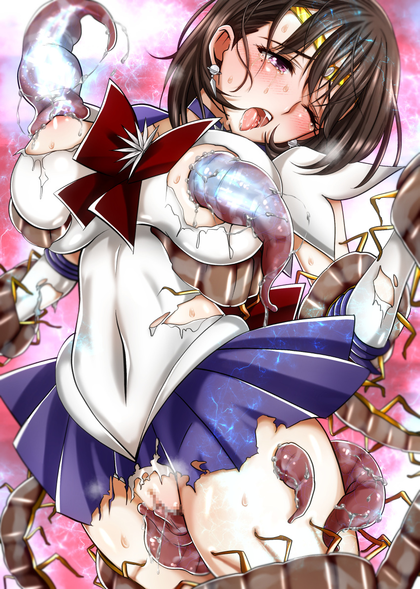1girl absurdres anegasaki_nene blush bow breast_sucking brown_hair censored cosplay elbow_gloves gloves highres hmdark-9 leotard love_plus mosaic_censoring no_bra no_panties open_mouth pussy red_bow sailor_saturn sailor_saturn_(cosplay) short_hair solo tears tentacle_sex tentacles torn_clothes translation_request