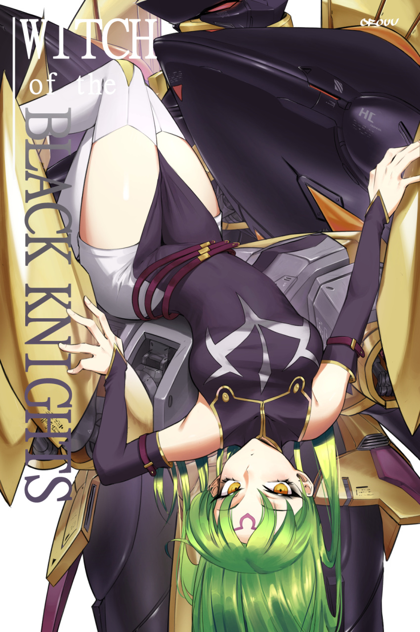 1girl belt breasts c.c. code_geass detached_sleeves english_text eyeliner facial_mark forehead_mark green_hair highres knightmare_frame looking_at_viewer lying makeup on_back orouu shorts solo thighhighs upside-down white_thighhighs yellow_eyes