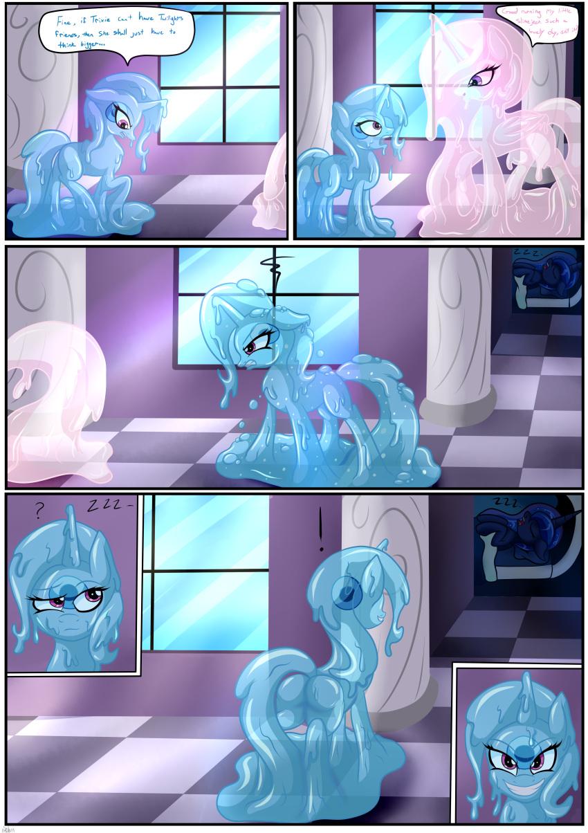 2016 absurd_res blue_body butt comic dialogue digital_media_(artwork) equid equine eyelashes feral friendship_is_magic goo_creature grin hasbro hi_res horn imminent_vore mammal my_little_pony novaspark open_mouth pink_body princess_celestia_(mlp) princess_luna_(mlp) question_mark sleeping smile sound_effects text trixie_(mlp) unicorn winged_unicorn wings zzz