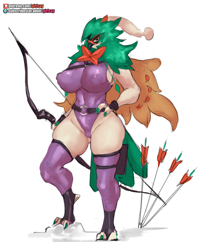 anthro archer arrow_(weapon) avian beak belt big_breasts bird bow_(weapon) breasts brown_body brown_eyes claws clothed clothing cosplay crossover crossover_cosplay curvy_figure decidueye feathers female girlsay green_body hand_on_hip hawkeye hawkeye_(marvel) hi_res hood huge_breasts jumpsuit looking_at_viewer marvel nintendo pok&eacute;mon pok&eacute;mon_(species) pok&eacute;morph purple_clothing ranged_weapon simple_background skimpy solo standing talons the_avengers thick_thighs video_games weapon white_background white_body wings