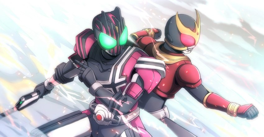 2boys armor asumakobayashi back-to-back barcode body_armor card clenched_hand compound_eyes decadriver driver_(kamen_rider) gloves glowing glowing_eyes green_eyes helmet henshin_pose highres holding holding_weapon kamen_rider kamen_rider_dcd kamen_rider_decade kamen_rider_kuuga kamen_rider_kuuga_(series) kuuga_(mighty) legs_apart male_focus mask multiple_boys pink_armor pose red_eyes ride_booker rider_belt solo space sword tokusatsu weapon