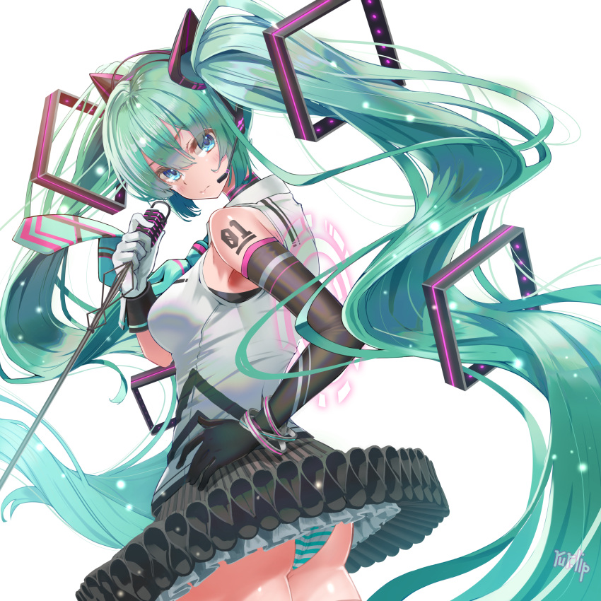 1girl absurdres adapted_costume aqua_eyes aqua_hair arm_tattoo ass asymmetrical_gloves bare_shoulders black_gloves black_skirt blush breasts closed_mouth commentary cowboy_shot elbow_gloves from_side gloves grey_shirt hand_on_hip hatsune_miku headgear headset highres holding holding_microphone impossible_clothes impossible_shirt long_hair looking_at_viewer medium_breasts microphone panties pantyshot parted_hair petticoat rur_(ml_ruru) shirt single_elbow_glove skirt sleeveless sleeveless_shirt solo striped striped_panties tattoo tutu twintails underwear upskirt very_long_hair vocaloid white_gloves