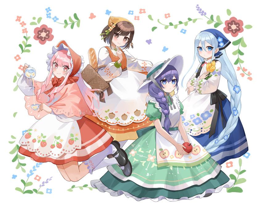 1other 3girls :o acorn akiyama_mizuki apple_print apron asahina_mafuyu baguette bangs bare_arms basket black_bow black_footwear black_ribbon black_vest blue_dress blue_eyes blush bob_cut bonnet bow bowtie braid braided_ponytail bread brown_eyes brown_footwear brown_hair capelet closed_mouth cup dress floral_background floral_print flower flower_braid food food_print frilled_shirt_collar frills fruit glass_teacup glass_teapot green_ribbon hair_flower hair_ornament hair_over_shoulder hair_ribbon hand_on_own_chin hand_up hat hat_flower hat_ornament head_tilt holding holding_cup holding_flower holding_food holding_fruit holding_teapot jumping kneehighs lace-trimmed_capelet lace_trim long_hair long_sleeves looking_at_viewer low-braided_long_hair matching_outfit multiple_girls neck_ribbon orange_dress orange_flower outstretched_arm pantyhose pink_capelet pink_eyes pink_flower pink_hair ponytail pouring project_sekai puffy_long_sleeves puffy_short_sleeves puffy_sleeves purple_flower purple_hair qi'e_(penguin) red_bow red_bowtie red_dress red_flower red_headwear ribbon sash shinonome_ena short_hair short_sleeves sidelocks single_braid smile socks strawberry_print stroking_own_chin sun_hat tea tea_set teapot tulip very_long_hair vest white_apron white_background white_dress white_headwear white_pantyhose white_socks yellow_flower yellow_headwear yoisaki_kanade