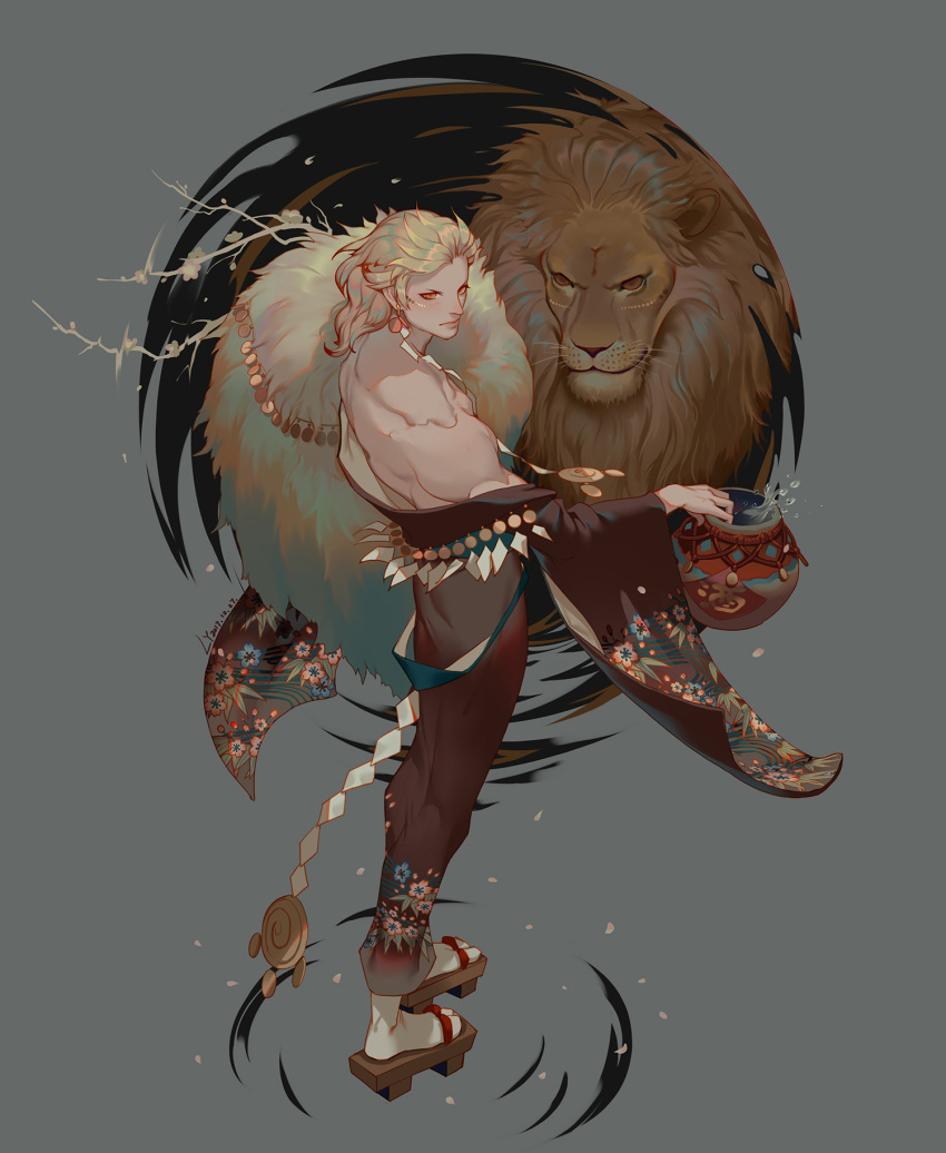 1boy 2017 animal artist_name blonde_hair brown_shawl closed_mouth dated earrings feather_boa floral_print full_body geta grey_background highres jewelry leo lian_yao lion looking_at_viewer male_focus orange_eyes original personification petals shawl socks solo standing tabi toned toned_male white_socks