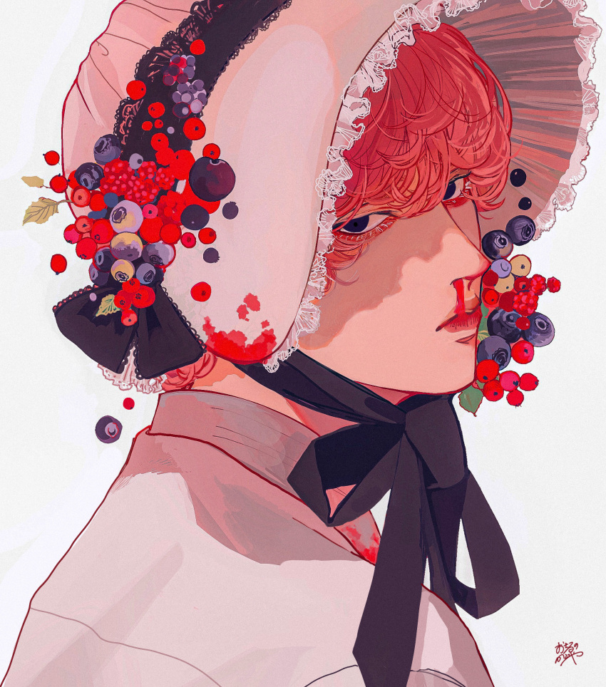 1boy bangs berry black_eyes black_ribbon blackberry_(fruit) blood blueberry bonnet closed_mouth collared_shirt crossdressing currant food frilled_hat frills from_behind fruit fruit_hat_ornament hat hat_ribbon highres kagoya1219 lace lace-trimmed_headwear lace_trim leaf looking_at_viewer looking_back male_focus nosebleed original pink_headwear pink_shirt portrait raspberry red_hair ribbon shadow shirt short_hair signature simple_background solo white_background