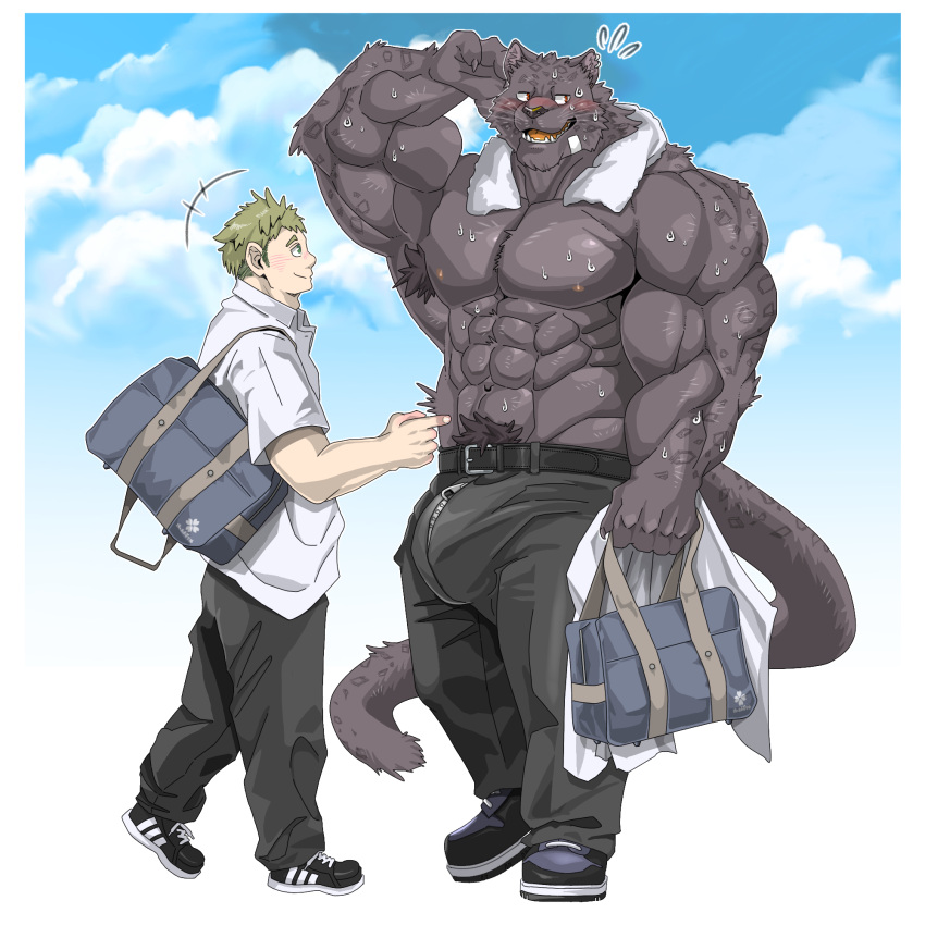 1:1 abs anthro armpit_hair bag belt big_bulge big_muscles black_body black_fur blonde_hair blush bodily_fluids body_hair bottomwear bulge chan_kiti_chan_(artist) clothing duo felid footwear fur hair hi_res human human_on_anthro interspecies larger_anthro larger_male male male/male mammal muscular muscular_anthro muscular_male navel nipples pantherine pants pecs shirt shirtless shirtless_male shoes size_difference smaller_human smaller_male sweat topwear towel towel_around_neck