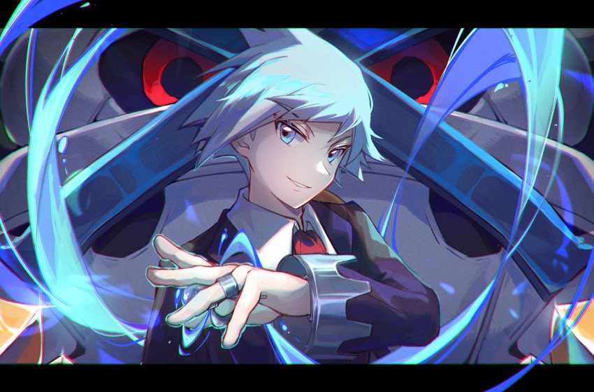 1boy black_jacket blue_eyes blue_hair collared_shirt highres jacket jewelry looking_at_viewer mega_metagross mega_pokemon metagross necktie pokemon pokemon_(anime) pokemon_(creature) pokemon_journeys red_necktie ring shirt short_hair smile steven_stone upper_body vincapuca white_shirt