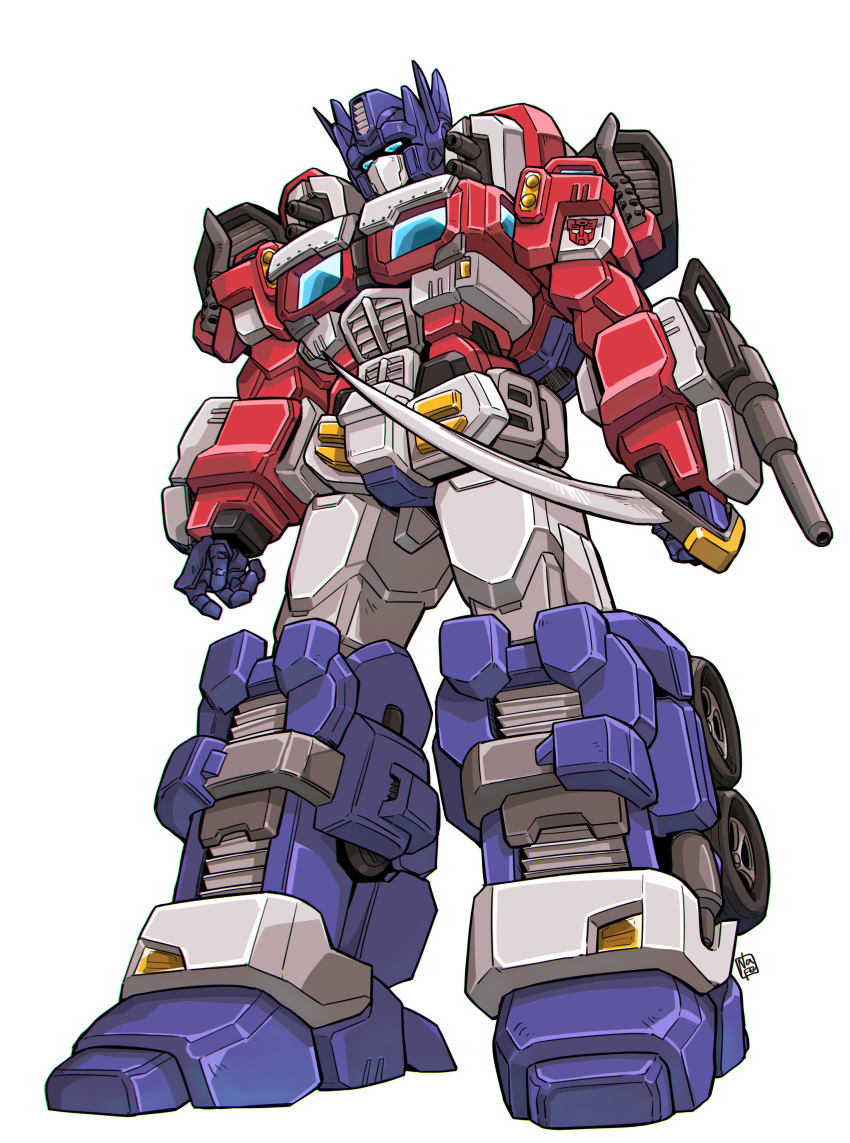 absurdres arm_cannon autobot blue_eyes highres holding holding_sword holding_weapon looking_ahead mecha nasutetsu optimus_prime redesign robot science_fiction solo sword transformers weapon wheel white_background