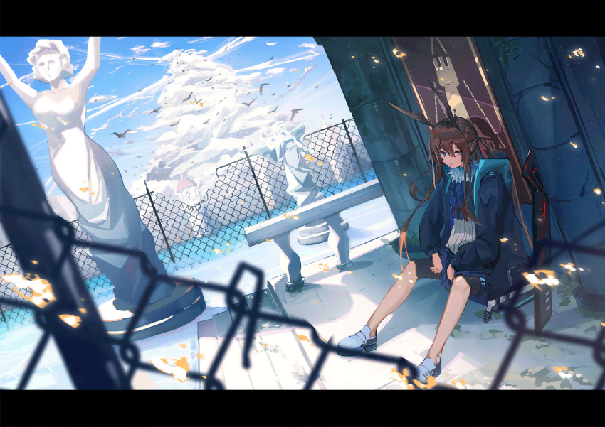 1girl amiya_(arknights) amiya_(guard)_(arknights) animal_ears arknights ascot bird blue_ascot blue_coat blue_eyes blue_footwear blue_skirt brown_hair cloud coat commentary cumulonimbus_cloud day defensive_wall expressionless fence hair_between_eyes highres hooded_coat infection_monitor_(arknights) letterboxed long_hair looking_at_viewer nobana_(nobanakk) open_clothes open_coat parted_lips plaid plaid_skirt ponytail rabbit_ears railing rhodes_island_logo sheath shirt shoes sidelocks sitting skirt sky solo statue sword symbol-only_commentary tower very_long_hair weapon white_shirt wide_shot