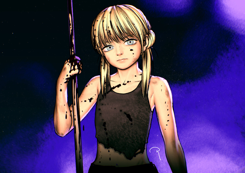 1girl bangs bare_arms bare_shoulders black_background black_blood blonde_hair blood blood_in_hair blood_on_arm blood_on_clothes blood_on_face blood_on_hands blood_on_weapon blue_background brown_tank_top closed_mouth collarbone commentary_request grey_eyes hair_over_shoulder hand_up highres holding holding_polearm holding_weapon long_hair looking_at_viewer low_twintails midriff multicolored_background original polearm purple_background rustle signature sleeveless solo standing tank_top torn_tank_top twintails upper_body weapon