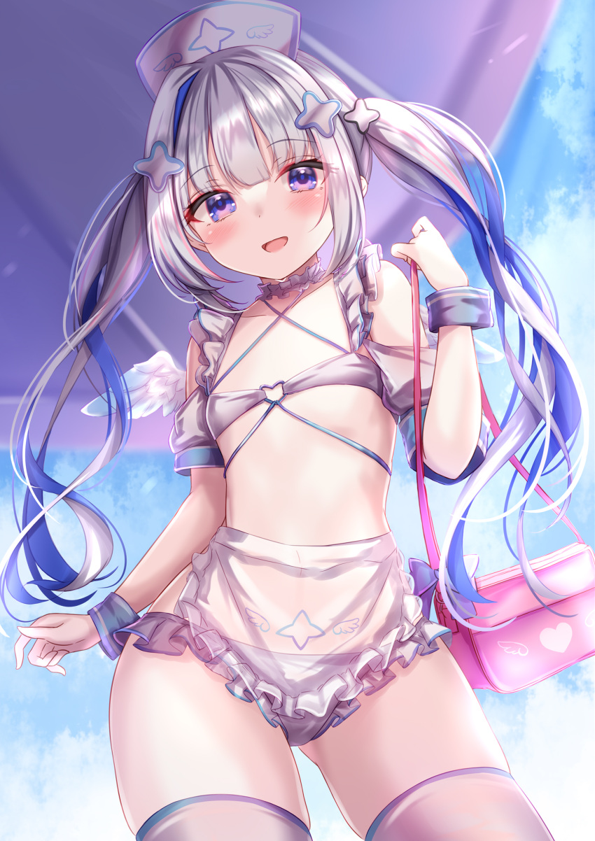 1girl amane_kanata apron bag bangs bikini blue_eyes blue_hair blush choker colored_inner_hair flat_chest frilled_apron frilled_bikini frilled_choker frills grey_bikini grey_hair grey_thighhighs hair_ornament hand_up hat highres holding holding_bag hololive long_hair looking_at_viewer maid_bikini multicolored_hair nurse_cap open_mouth pink_hair short_sleeves smile solo streaked_hair swimsuit thighhighs twintails virtual_youtuber waist_apron wrist_cuffs x_hair_ornament yuano