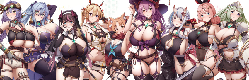 6+girls :o absurdres android animal_ears aqua_eyes arm_up armband armor armpit_crease armpits axe bangs bare_shoulders belt belt_pouch beltskirt black-framed_eyewear black_choker black_gloves black_headwear black_leotard black_sleeves black_thighhighs blonde_hair blue_eyes blue_hair blunt_bangs blush bow_(weapon) braid braided_ponytail breasts brooch brown_belt cat_ears cat_tail character_name choker cleavage cleavage_cutout closed_mouth clothing_cutout collarbone commentary_request covered_navel cowboy_shot cross-laced_dress cross-laced_slit curled_horns curvy demon_girl detached_sleeves dress drill_ponytail earrings eyebrows_hidden_by_hair fake_horns fang floppy_ears forehead frilled_dress frills garter_straps gauntlets gears gem glasses gloves goggles goggles_on_head green_eyes green_gemstone green_hair grey_hair groin hair_between_eyes hair_ornament hairband hairclip hand_on_headwear hand_up hat head_chain highleg highleg_leotard highres holding holding_staff hood hood_down hooded_vest hoodie horned_headwear horns huge_breasts jewelry kannko_bokujou knife large_breasts leotard long_hair long_sleeves looking_at_viewer mechanical_arms multicolored_hair multiple_belts multiple_girls navel navel_cutout neckerchief oni_horns open_mouth oppai_loli orange_eyes orange_hair original over_shoulder panties parted_lips pink_hair plump pointy_ears pouch purple_eyes purple_hair purple_sleeves purple_thighhighs red_eyes red_hairband red_panties revealing_clothes revision sailor_collar scarf sheath shield short_shorts shorts showgirl_skirt side_ponytail sideboob sidelocks simple_background single_detached_sleeve single_glove single_mechanical_arm single_thighhigh skindentation smile staff standing steampunk stomach streaked_hair sword tail thigh_strap thighhighs thighs tree twintails underboob underwear veil vest wavy_hair weapon weapon_over_shoulder white_background white_shorts white_vest wings witch_hat yellow_eyes zettai_ryouiki