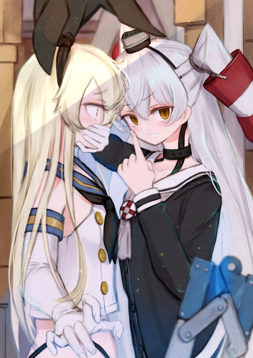 2girls amatsukaze_(kancolle) black_dress black_hairband black_neckerchief black_panties blonde_hair blue_sailor_collar commentary_request covering_mouth cowboy_shot crop_top dress elbow_gloves gloves grey_eyes grey_neckerchief hair_tubes hairband hat highleg highleg_panties highres kamome_donburi kantai_collection lifebuoy long_hair looking_at_viewer mini_hat multiple_girls neckerchief panties sailor_collar sailor_dress shimakaze_(kancolle) short_dress smokestack_hair_ornament two_side_up underwear white_gloves white_hair white_sailor_collar