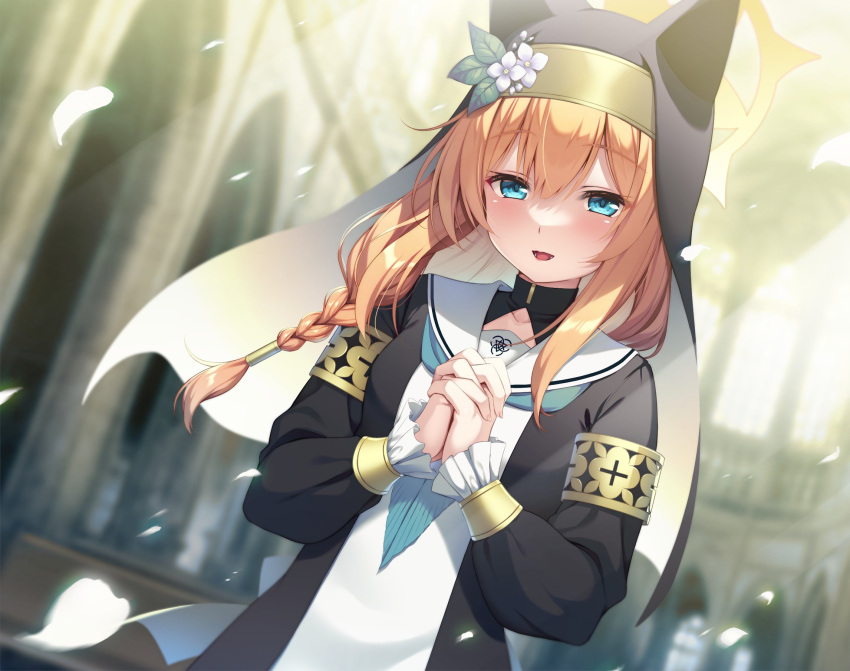 1girl bangs black_coat blue_archive blue_neckerchief blurry blurry_background blush braid breasts church coat dress floating_hair green_eyes habit halo highres indoors long_hair mari_(blue_archive) neckerchief open_mouth orange_hair own_hands_clasped own_hands_together petals pew sailor_collar single_braid small_breasts smile solo upper_body white_dress wind yuzu_modoki