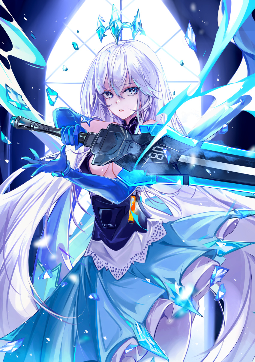 1girl absurdres arm_up bangs bare_shoulders black_dress blue_dress blue_eyes blue_gloves crown dress elbow_gloves eyelashes floating_crown frilled_dress frills gloves hair_between_eyes hand_up highres holding holding_sword holding_weapon ice layered_dress long_hair looking_at_viewer meryl_(tower_of_fantasy) multicolored_clothes multicolored_dress parted_lips sidelocks sleeveless sleeveless_dress solo standing sword tiara tower_of_fantasy vardan very_long_hair weapon white_hair window