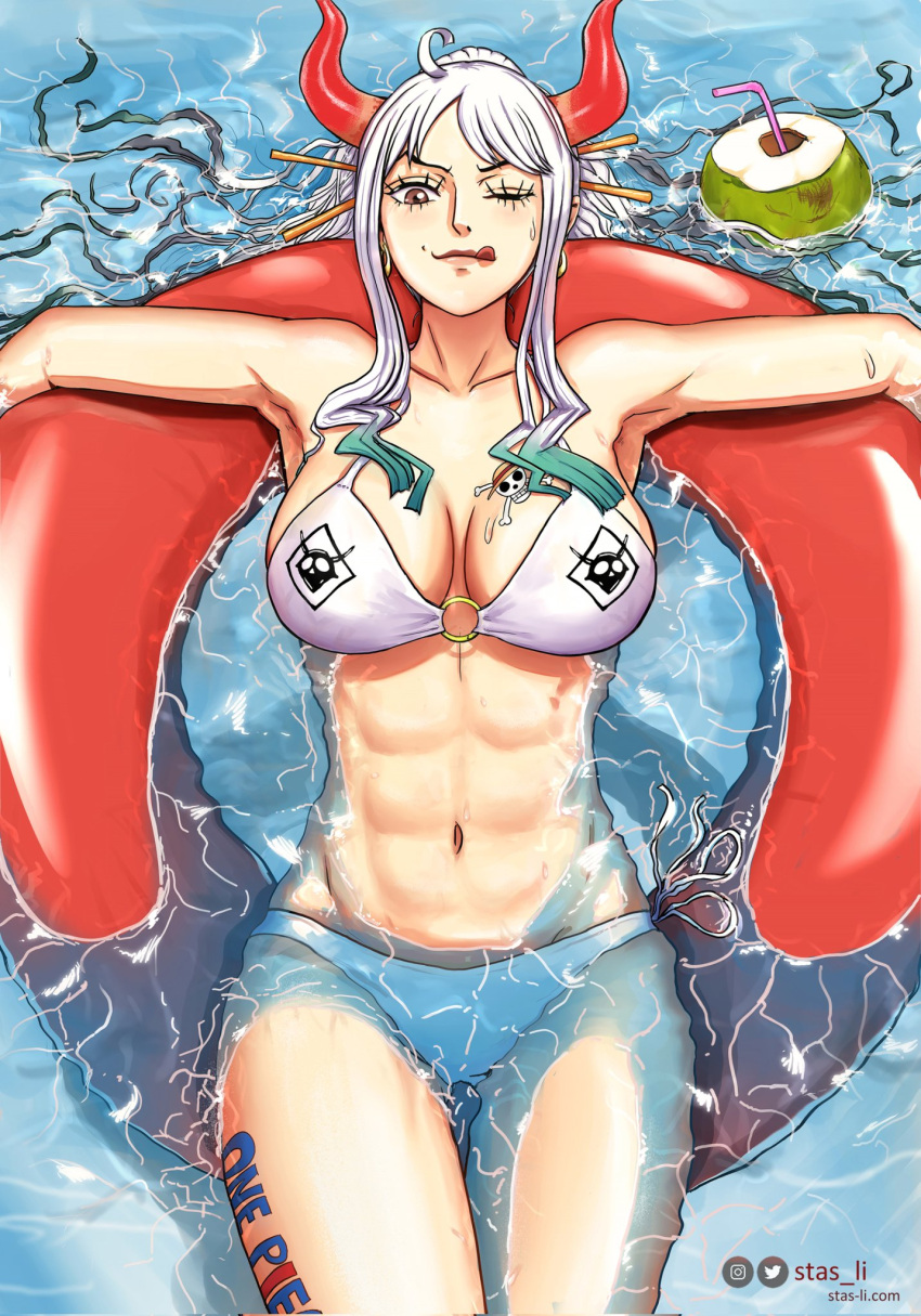 1girl ;q abs afloat ahoge arm_rest armpits arms_up bikini breasts brown_eyes chest_tattoo coconut collarbone cowboy_shot curled_horns drinking_straw earrings from_above fruit_cup green_hair highres horns innertube instagram_logo jewelry large_breasts leg_tattoo lips long_hair lying multicolored_hair navel on_back one_eye_closed one_piece oni partially_submerged red_horns skull_tattoo smile solo stas_li stomach swimsuit tattoo thigh_gap toned tongue tongue_out twitter_logo twitter_username very_long_hair water web_address white_bikini white_hair white_swimsuit yamato_(one_piece)