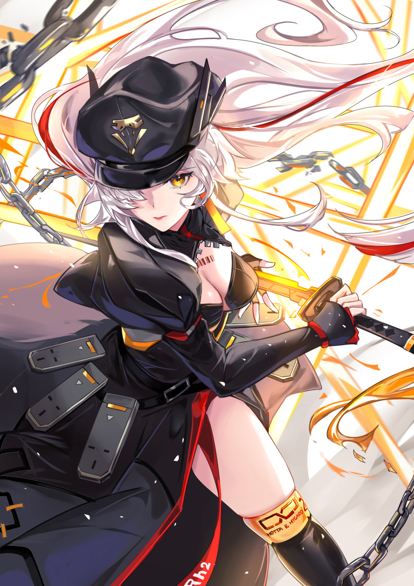1girl absurdres barcode barcode_tattoo black_dress black_headwear black_jacket black_thighhighs breasts broken broken_chain chain character_request chest_tattoo cleavage closed_mouth cropped_jacket dress eyelashes fighting_stance floating_hair hat highres holding holding_sword holding_weapon jacket long_hair long_sleeves looking_at_viewer medium_breasts military military_hat military_uniform multicolored_hair one_eye_covered peaked_cap puffy_sleeves red_hair red_ribbon ribbon sidelocks slashing solo standing streaked_hair sword tattoo thighhighs tower_of_fantasy uniform vardan very_long_hair weapon white_background white_hair yellow_eyes