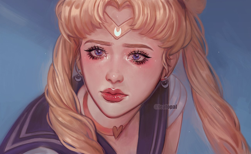 1girl bishoujo_senshi_sailor_moon blonde_hair blue_background blue_eyes blue_sailor_collar choker circlet crescent crescent_earrings earrings eyelashes hair_over_shoulder heart heart_choker jewelry lanternlovers lipstick long_hair looking_at_viewer makeup meme red_choker sailor_collar sailor_moon_redraw_challenge_(meme) sailor_senshi_uniform simple_background solo tsukino_usagi twintails twitter_username upper_body