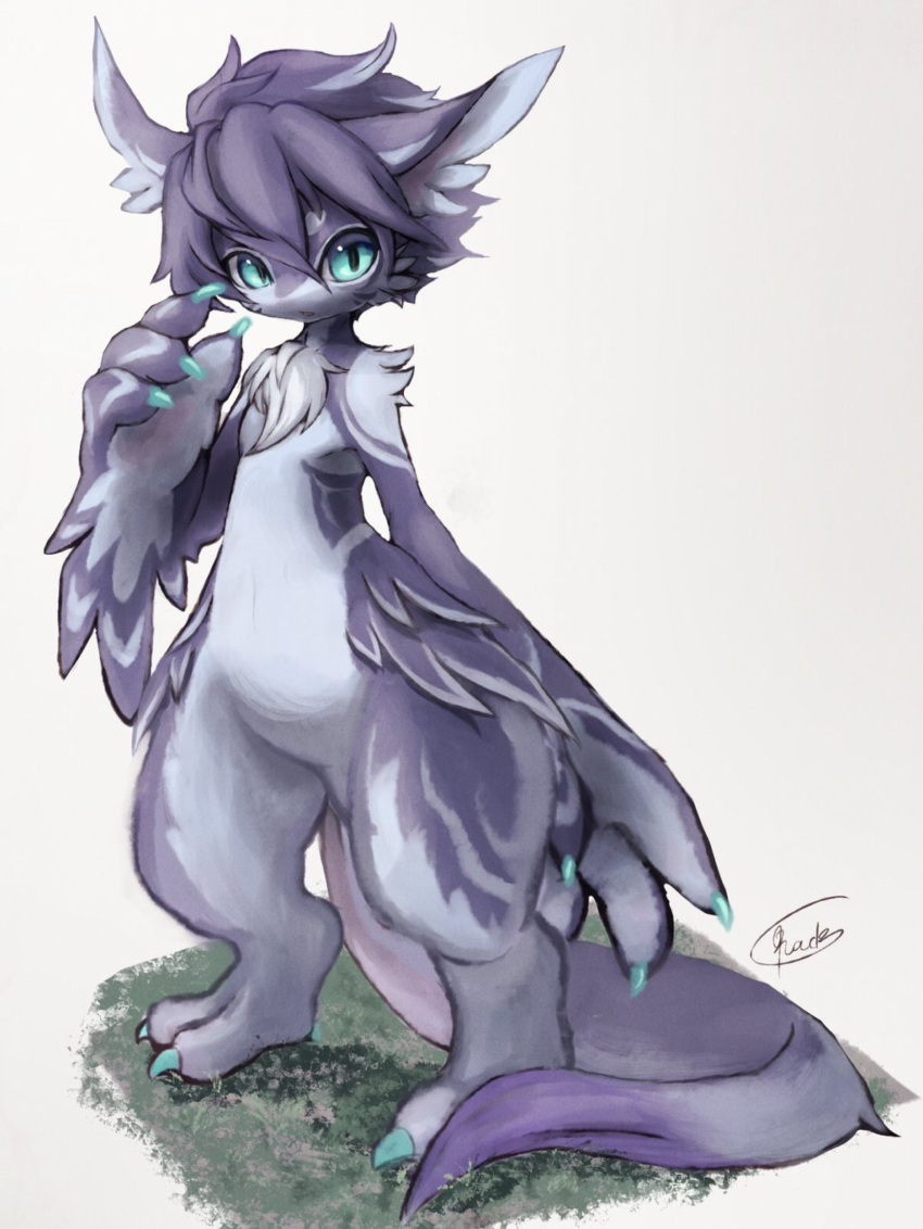 absurd_res avian big_hands biped blue_claws blue_eyes claws feathers fur grey_body grey_feathers grey_fur hair hi_res kemono looking_at_viewer purple_body purple_feathers purple_fur purple_hair rady-wolf signature simple_background solo standing unavailable_at_source white_background