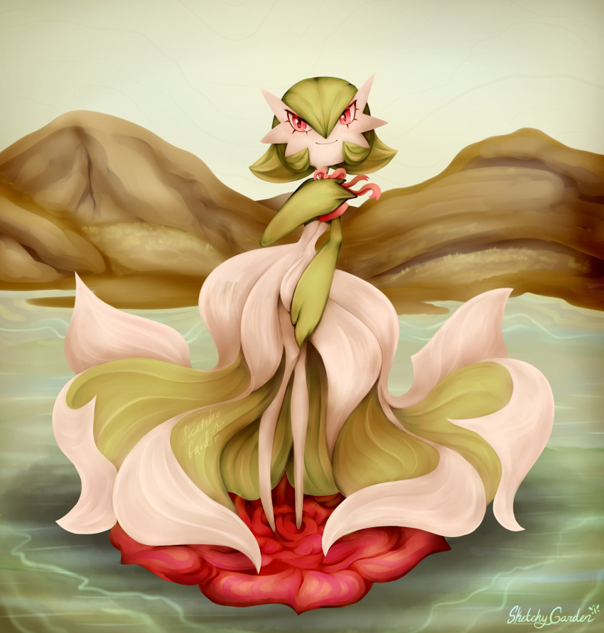 anthro birth_of_venus female flower gardevoir happy hi_res mountain nintendo painting parody plant pok&eacute;mon pok&eacute;mon_(species) red_eyes ribbons sketchygarden solo video_games water