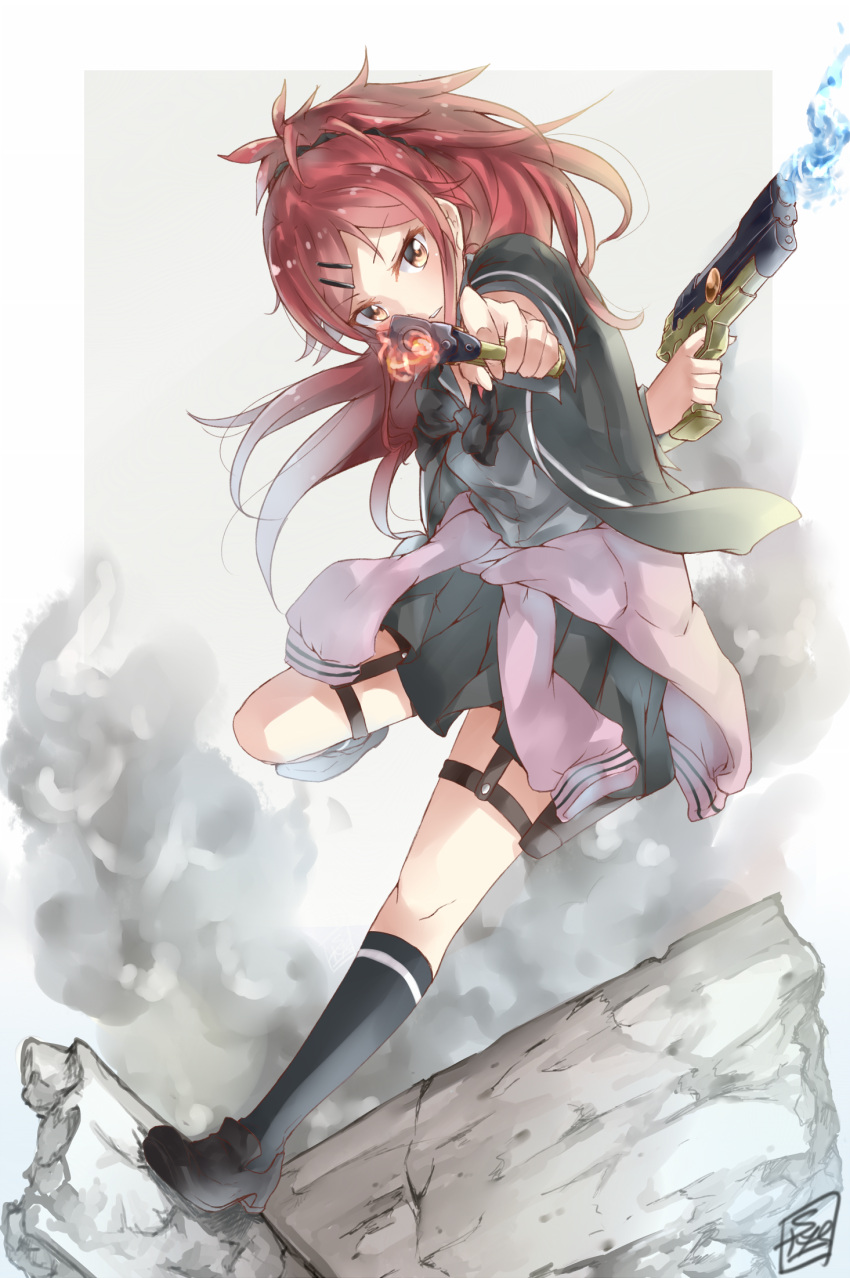 1girl aiming_at_viewer arm_behind_back black_bow black_scrunchie black_skirt black_socks blue_fire border bow brown_eyes chigusa_asuha clothes_around_waist crack dual_wielding dust dust_cloud fire flame gun hair_ornament hairclip handgun highres holding holding_gun holding_weapon holster leg_up limitless_skye long_hair parted_lips pointing_gun ponytail qualidea_code red_hair rock scrunchie signature skirt socks solo thigh_strap weapon white_border