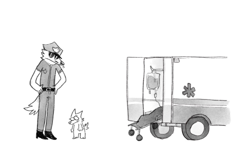 2022 4_fingers ambiguous_gender ambulance anthro body_bag canid canine clothing comic fingers hi_res looking_at_another looking_down mammal monochrome officer police police_uniform simple_background twistcmyk uniform vehicle