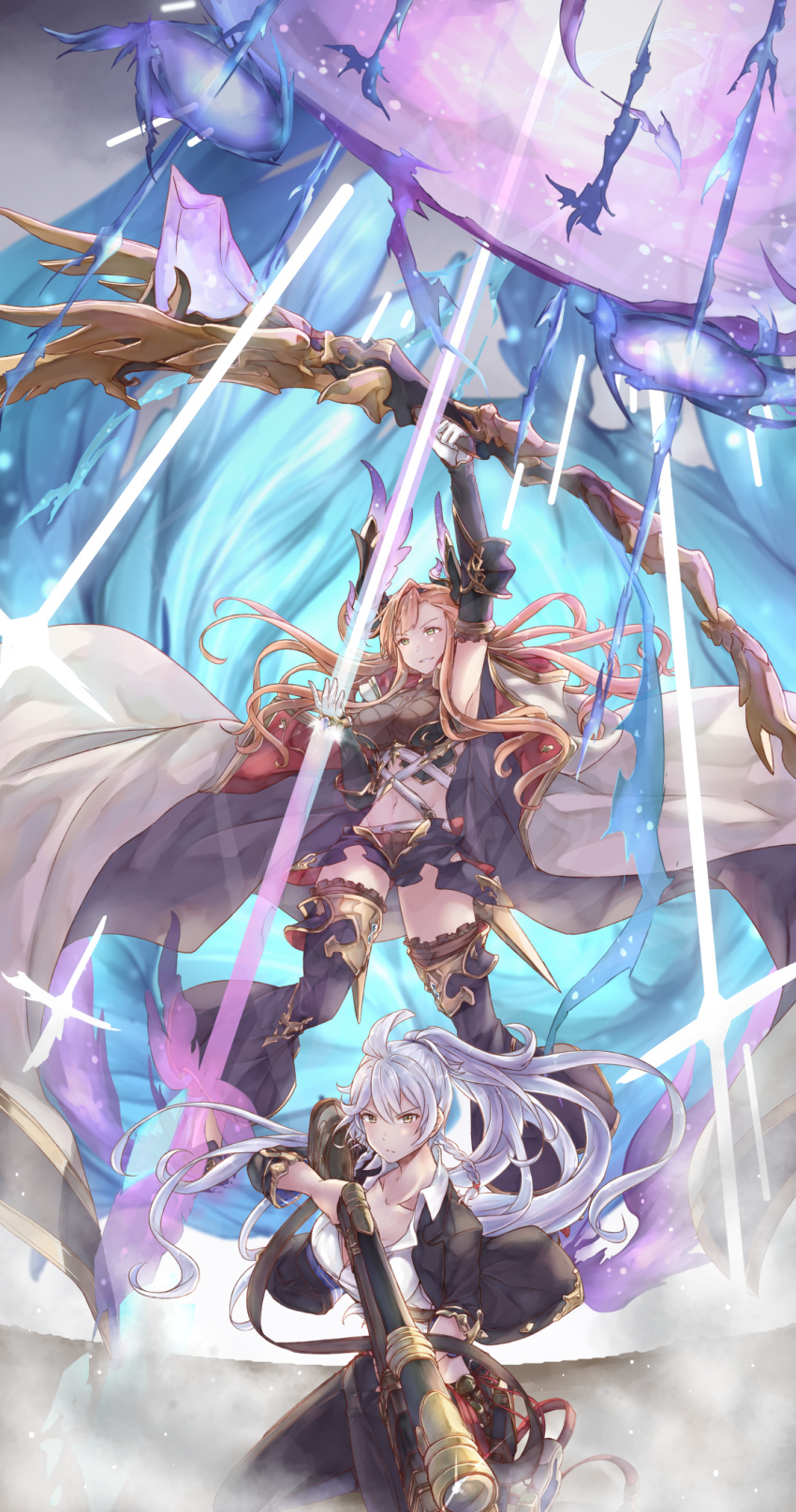 2girls ahoge arm_up armor arrow_(projectile) belt black_armor black_jacket bow_(weapon) braid brown_hair brown_thighhighs closed_mouth coat coat_on_shoulders diffraction_spikes feather_hair_ornament feathers fog frilled_legwear frills glint gloves granblue_fantasy green_eyes grey_coat grey_hair gun hair_ornament headgear highres holding holding_bow_(weapon) holding_gun holding_weapon hood hood_down hooded_coat jacket limitless_skye long_hair magic multicolored_clothes multicolored_coat multiple_girls navel open_clothes open_jacket parted_lips ponytail portal_(object) purple_feathers red_coat silva_(granblue_fantasy) smile thighhighs tweyen_(granblue_fantasy) very_long_hair weapon white_gloves yellow_eyes