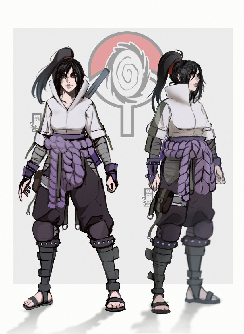 1girl absurdres apex_legends bandaged_arm bandages bangs barefoot_sandals black_hair black_pants cosplay english_commentary eyebrows_hidden_by_hair grey_background grey_jacket highres ifragmentix jacket looking_ahead looking_at_viewer multiple_views naruto_(series) naruto_shippuuden pants parted_bangs ponytail red_eyes smile uchiha_sasuke uchiha_sasuke_(cosplay) wraith_(apex_legends)