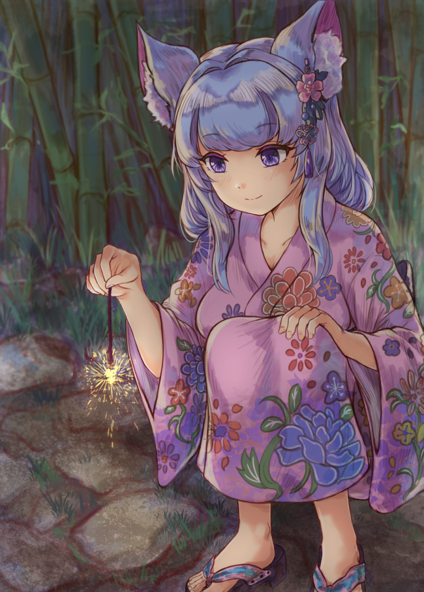 1girl animal_ear_fluff animal_ears aria_vlive bamboo bamboo_forest bangs black_footwear blue_hair closed_mouth commentary commission english_commentary fireworks floral_print flower forest hand_on_own_knee highres hikari_niji holding_fireworks indie_virtual_youtuber japanese_clothes kimono long_hair long_sleeves nature night outdoors pink_flower pink_kimono print_kimono purple_eyes senkou_hanabi smile solo sparkler squatting virtual_youtuber wide_sleeves zouri