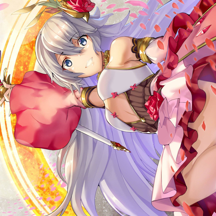 1girl artist_request blue_eyes dress flower flower_ornament grimms_notes grin hair_ornament highres long_hair looking_at_viewer md5_mismatch petals rose rose_fairy_unfan smile solo teeth wand weapon