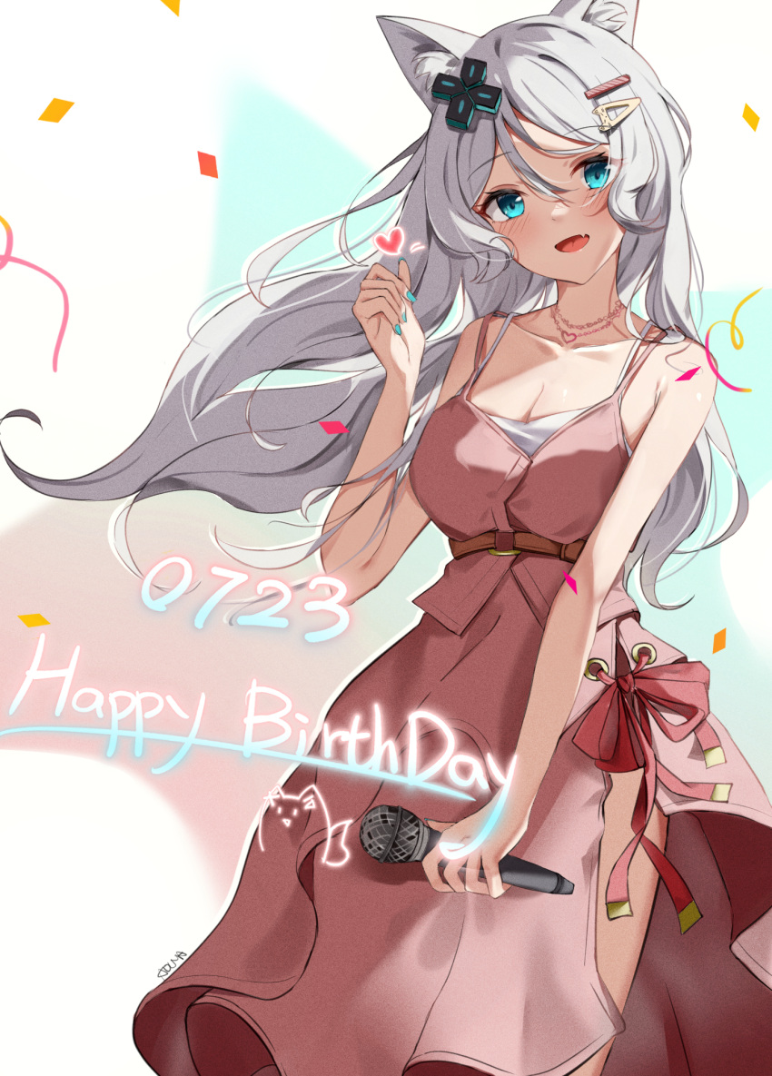 1girl animal_ear_fluff animal_ears aouma358 bangs belt birthday blue_eyes blush bow breasts brown_belt camisole cleavage confetti d-pad d-pad_hair_ornament dated fang finger_heart fox_ears fox_girl hair_between_eyes hair_ornament hairclip happy_birthday heart heart_necklace highres holding holding_microphone jewelry large_breasts long_hair long_skirt looking_at_viewer meridian_project microphone mizuki_(vtuber) necklace open_mouth pink_bow pink_shirt pink_skirt shirt side_slit skirt skirt_set smile solo virtual_youtuber white_camisole white_hair wind