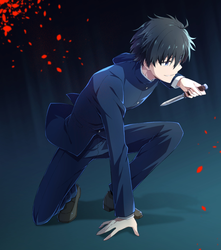 1boy absurdres ahoge azami_masurao black_hair blood blue_eyes blue_jacket blue_pants brown_footwear buttons commentary_request evil_grin evil_smile gakuran grin highres holding holding_knife holding_weapon jacket knife long_sleeves looking_away male_focus melty_blood nanaya_shiki one_knee pants school_uniform shoes short_hair smile solo teeth tohno_shiki tsukihime weapon