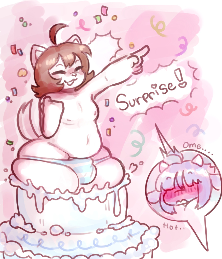 ambiguous_gender andrew_(solo_legend) anthro birthday blush bottomwear bovid bovine bulge cake canid canine canis cattle clothing confetti dessert duo food girly hi_res intersex intersex/male male mammal panties penelopisspiss small_clothing thick_thighs tight_bottomwear tight_clothing underwear wolf