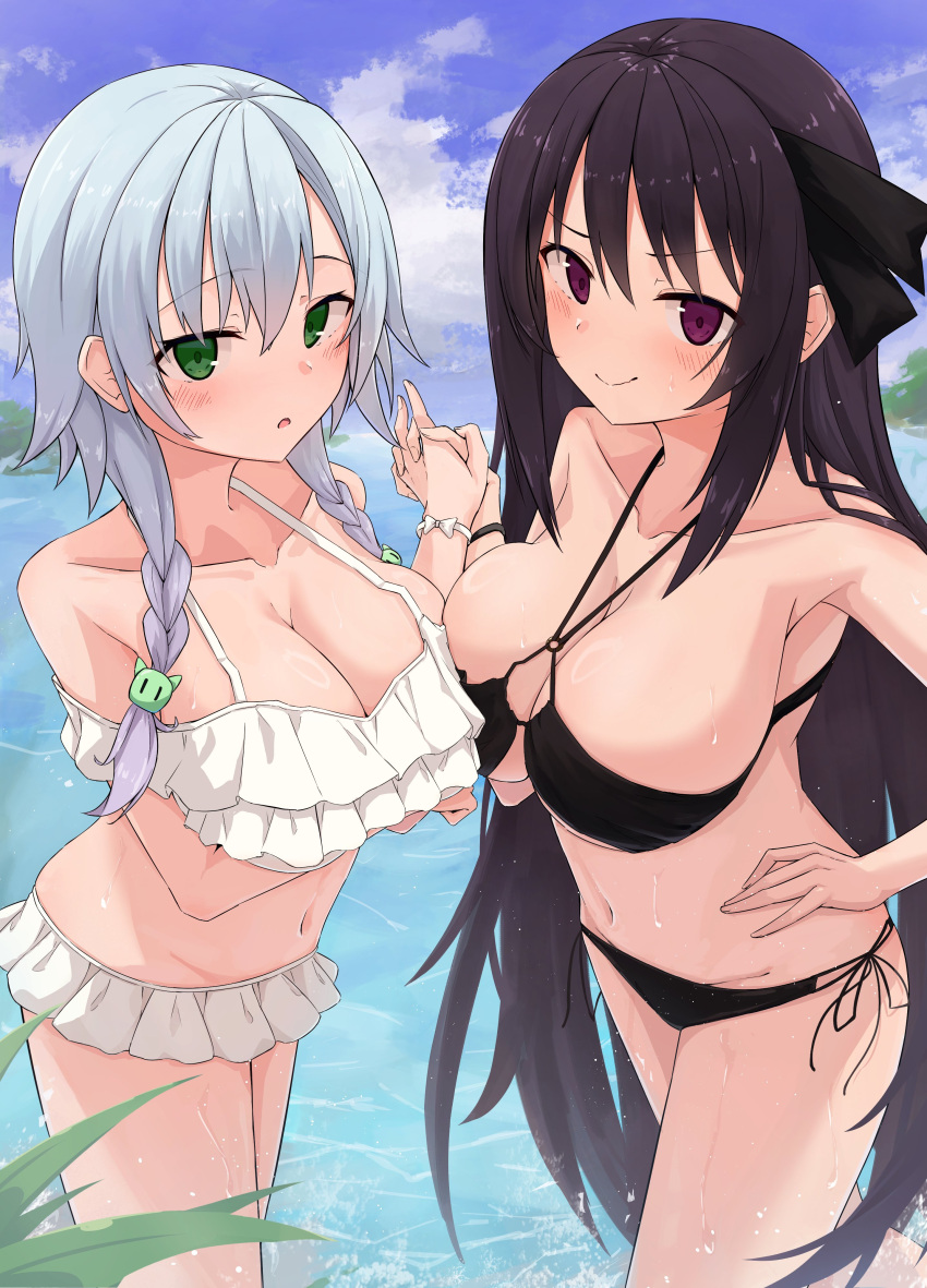 >:) 2girls :o absurdres ao_no_kanata_no_four_rhythm aqua_hair arm_under_breasts bare_shoulders bikini black_bikini black_ribbon blush braid breast_hold breast_press breasts cat_hair_ornament cleavage closed_mouth collarbone commentary_request commission cowboy_shot criss-cross_halter curvy day frilled_bikini frills green_eyes hair_between_eyes hair_ornament hair_ribbon halterneck hand_on_own_hip hand_up highres holding_hands inui_saki large_breasts long_hair multiple_girls navel o-ring o-ring_bikini off-shoulder_bikini off_shoulder open_mouth outdoors purple_eyes ribbon side-tie_bikini_bottom sidelocks skeb_commission smile smug straight_hair swimsuit symmetrical_docking takoyaki032002 tobisawa_misaki twin_braids v-shaped_eyebrows very_long_hair water wet white_bikini