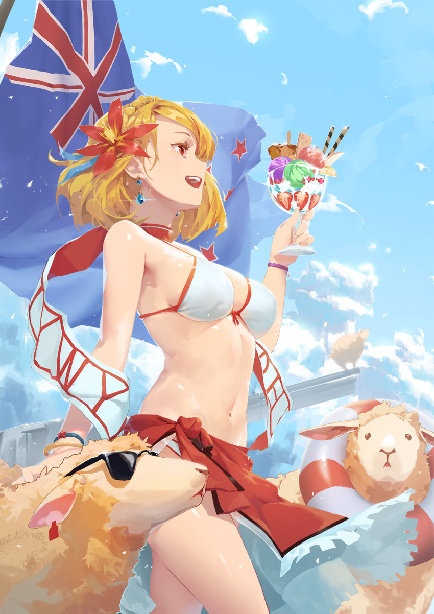 1girl animal azur_lane baraba_baba bikini blonde_hair bracelet braid breasts cloud cowboy_shot crown_braid day earrings flower food french_braid fruit hair_flower hair_ornament highres holding ice_cream jewelry lifebuoy medium_breasts navel new_zealand_flag open_mouth outdoors parfait prince_of_wales_(azur_lane) red_eyes sarong sheep short_hair strawberry sunglasses swimsuit upper_teeth