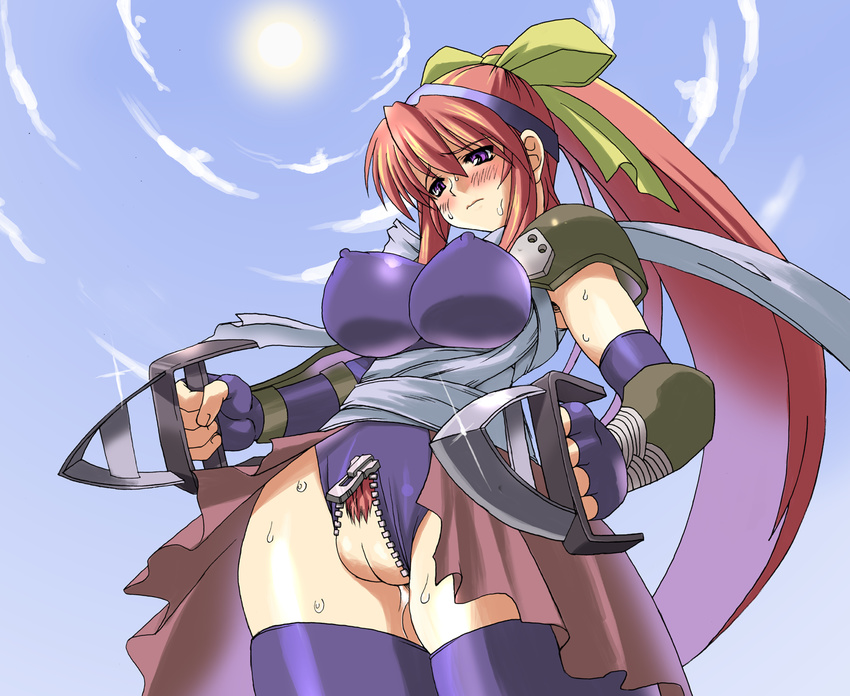 assassin_(ragnarok_online) blade blush bow breasts covered_nipples elbow_gloves fat_mons gloves kuma_teikoku large_breasts long_hair ponytail pubic_hair purple_eyes ragnarok_online red_hair ribbon shoulder_pads skin_tight solo sweat thighhighs unzipped very_long_hair zipper