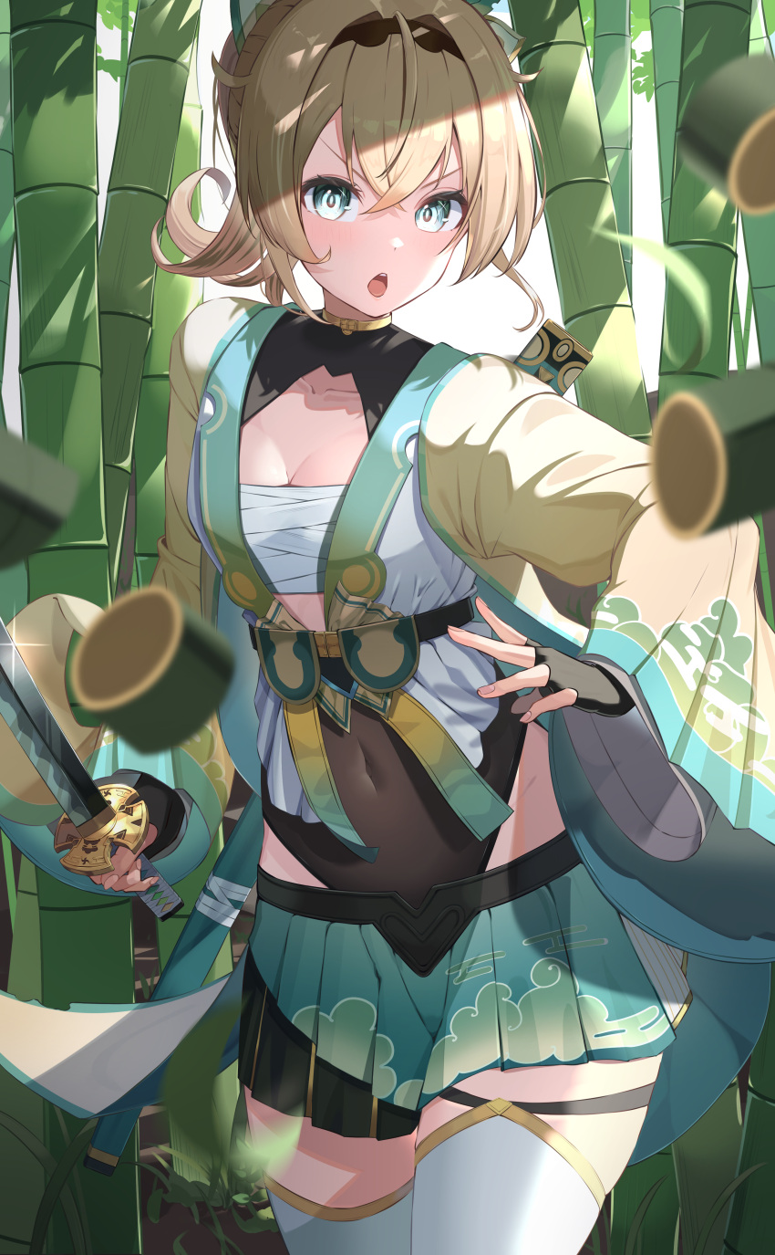 1girl absurdres appo_(36786257) bamboo bamboo_forest bangs black_gloves black_hairband blood blue_eyes breasts chest_sarashi cleavage covered_navel cowboy_shot crossed_bangs cutting fighting_stance fingerless_gloves forest gloves green_skirt hair_between_eyes hair_ornament hairband haori highres holding holding_sword holding_weapon hololive japanese_clothes katana kazama_iroha leaf_hair_ornament long_hair looking_at_viewer medium_breasts nature open_mouth pleated_skirt ponytail sarashi shrug_(clothing) skirt solo sword thighhighs virtual_youtuber weapon white_thighhighs wide_sleeves