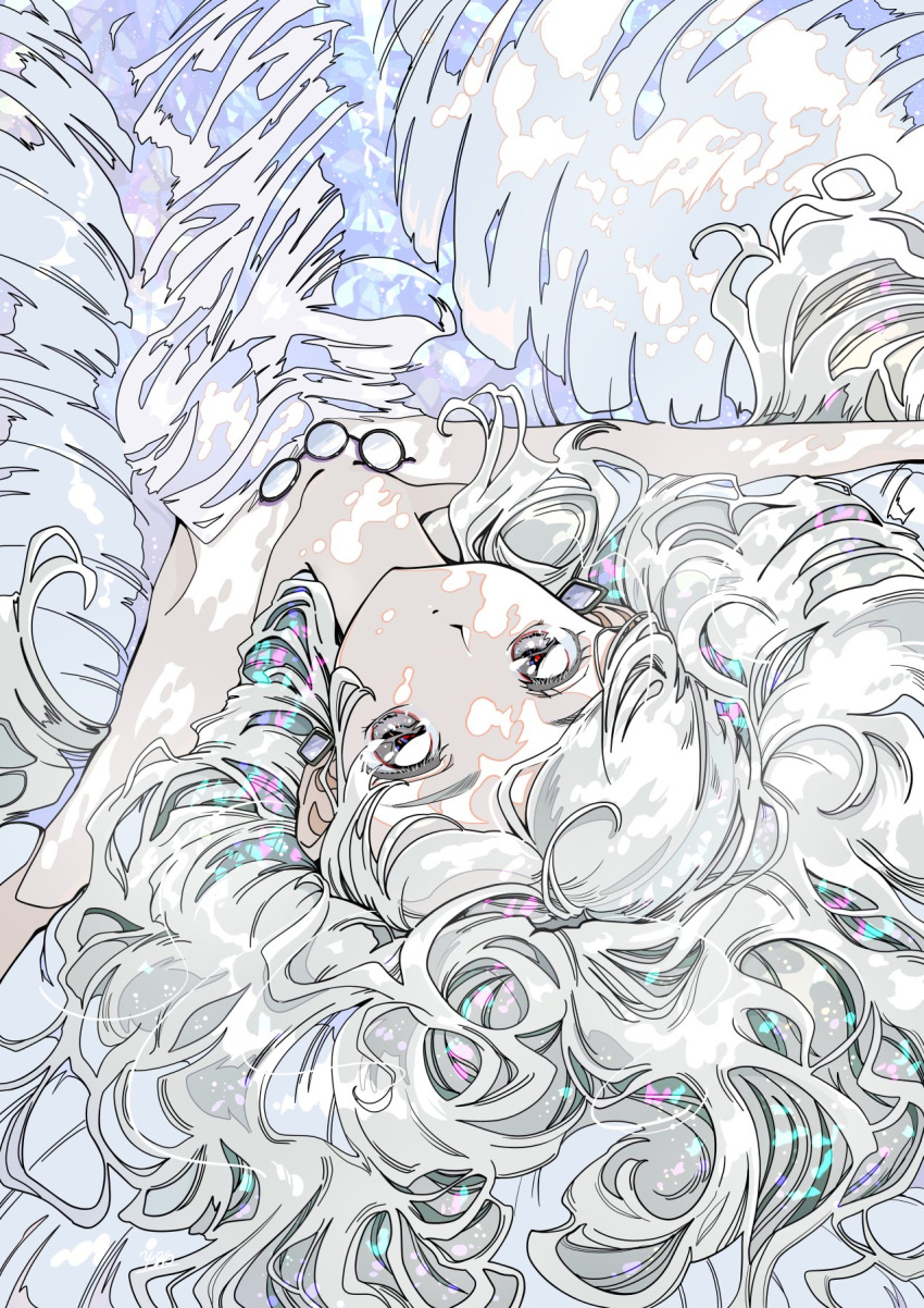 1girl bare_shoulders dappled_sunlight dress expressionless grey_eyes grey_hair highres hrn_yc long_hair lying on_back original shiny shiny_hair sleeveless sleeveless_dress solo sunlight upper_body wavy_hair white_dress