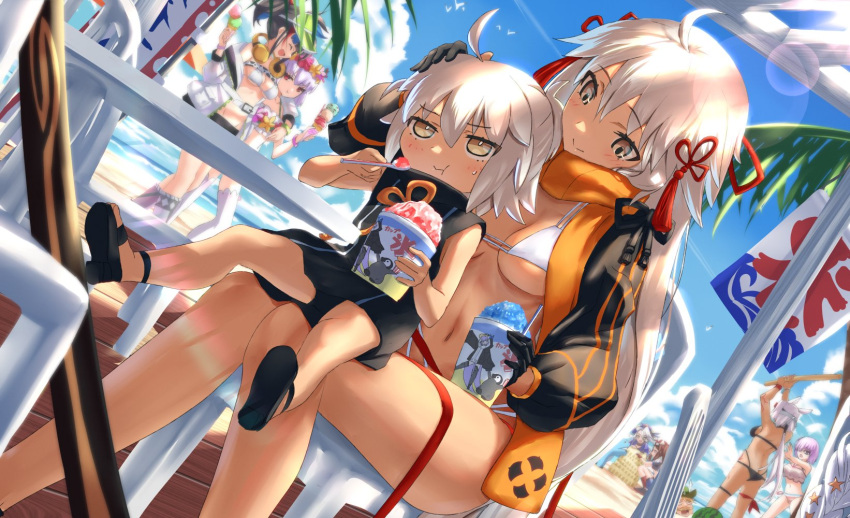 6+girls ahoge bangs bikini black_jacket blush breasts cropped_jacket dark-skinned_female dark_skin fate/grand_order fate_(series) grey_eyes highres jacket long_hair long_sleeves medium_breasts multiple_girls navel okita_souji_(fate) okita_souji_alter_(swimsuit_saber)_(fate) orange_scarf rengoku_(fate) scarf shrug_(clothing) smile swimsuit tassel thighs tsuuhan very_long_hair white_bikini white_hair