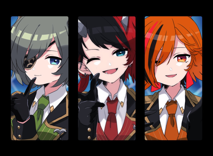 3girls alternate_costume animare bangs black_gloves black_hair blue_eyes collared_shirt column_lineup commentary_request demon_girl demon_horns ear_chain ear_piercing eyepatch gloves green_hair highres honey_strap horns kazami_kuku kino_haruc looking_at_viewer multicolored_hair multiple_girls one_eye_closed open_mouth orange_eyes orange_hair piercing pointy_ears red_hair ryugasaki_rene sekishiro_mico shirt short_hair smile streaked_hair sugar_lyric two-tone_hair upper_body virtual_youtuber white_shirt