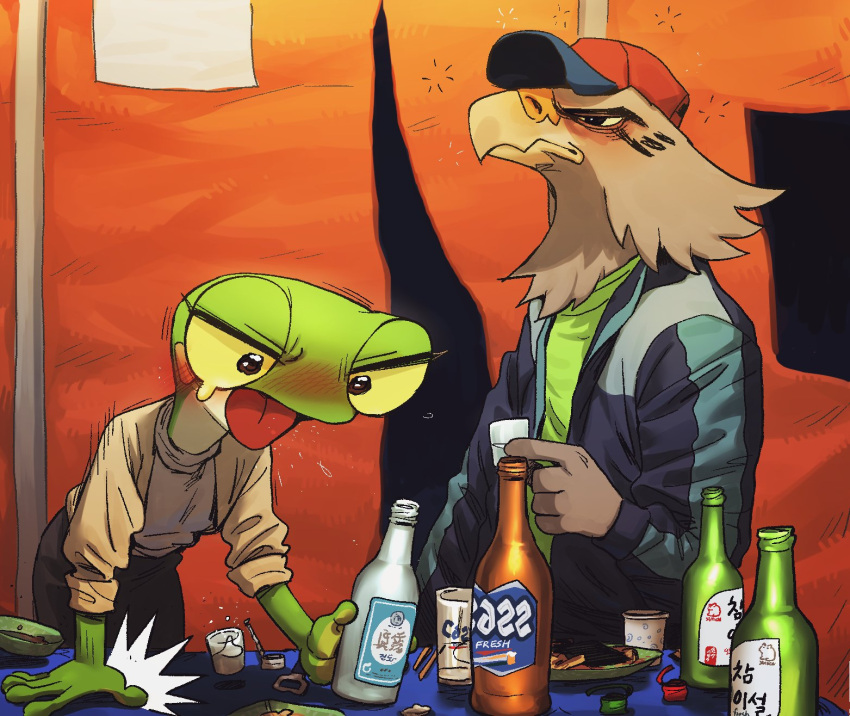 alcohol amphibian anthro avian beverage bird blush bodily_fluids clothing digital_media_(artwork) drunk duo female frog hat headgear headwear hi_res male male/female shurueder substance_intoxication tears tent