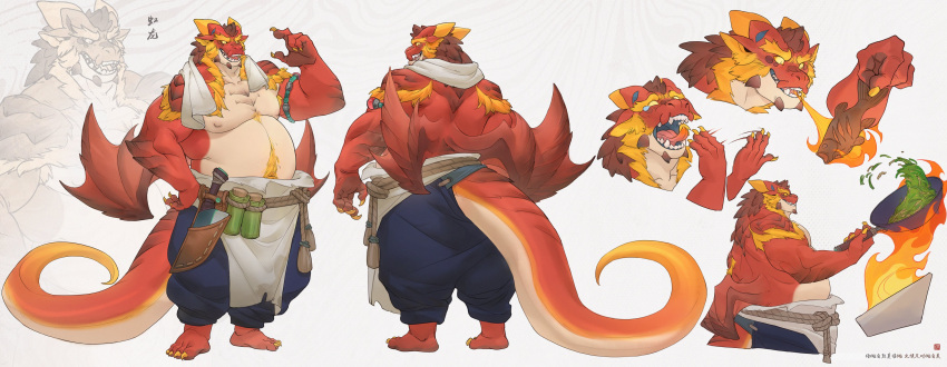 2022 absurd_res anthro apron barefoot belly big_tail blue_bottomwear blue_clothing blue_pants body_hair bottomwear clothed clothing cooking countershade_torso countershading dragon feet fire fish food front_view full-length_portrait happy_trail hi_res horn knife male marine open_mouth overweight overweight_anthro overweight_male pan pants portrait rear_view red_body red_scales rope scales simple_background solo standing tan_body tan_countershading tan_scales topless white_background wings yawn