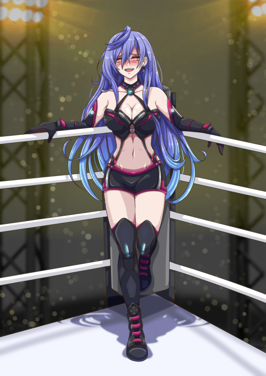 1girl absurdres bare_shoulders black_gloves blue_hair blush breasts detached_collar dropdeadcake earrings elbow_gloves gloves heart highres iris_heart jewelry kami_jigen_game_neptune_v large_breasts long_hair looking_at_viewer multicolored_hair navel neptune_(series) paid_reward_available pink_eyes power_symbol purple_hair shadow sleeveless smile solo symbol-shaped_pupils very_long_hair wrestling_boots wrestling_outfit wrestling_ring
