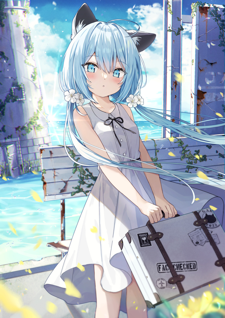 1girl :o animal_ear_fluff animal_ears bangs bench black_ribbon blue_eyes blue_hair blue_sky blush breasts cat_ears cloud collared_dress commentary_request day dress flower hair_between_eyes hair_flower hair_ornament highres holding long_hair looking_at_viewer low_twintails neck_ribbon original outdoors parted_lips pleated_dress ribbon saeki_sora sky sleeveless sleeveless_dress small_breasts solo suitcase twintails very_long_hair water white_dress white_flower