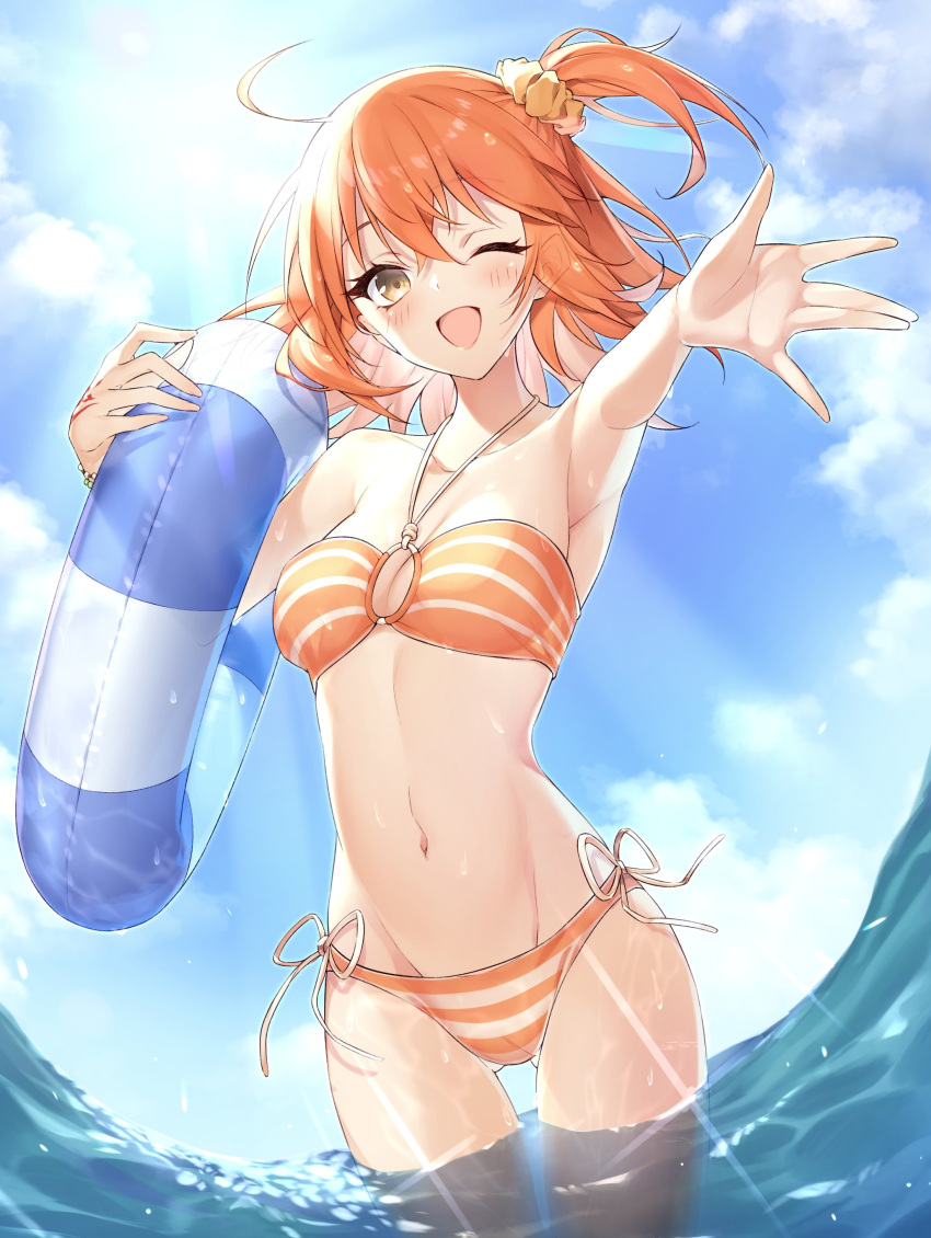 1girl absurdres alternate_costume arm_up armpits bangs bikini blue_sky blush breasts cloud collarbone command_spell commentary day fate/grand_order fate_(series) fujimaru_ritsuka_(female) fujimaru_ritsuka_(female)_(brilliant_summer) hair_between_eyes hair_ornament hair_scrunchie highres holding holding_innertube innertube looking_at_viewer medium_breasts navel ocean official_alternate_costume one_eye_closed open_mouth orange_bikini orange_hair orange_swimsuit outdoors partially_submerged pttyr scrunchie short_hair side_ponytail sky smile solo stomach striped striped_bikini striped_swimsuit sunlight swimsuit water wet yellow_eyes yellow_scrunchie