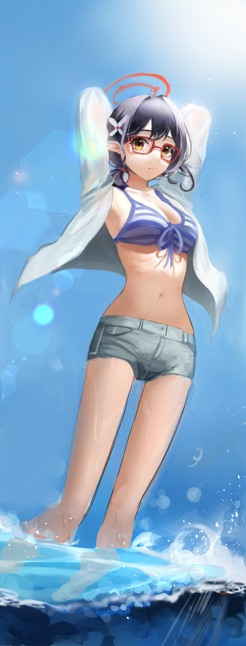 1girl absurdres arms_up ayane_(blue_archive) ayane_(swimsuit)_(blue_archive) bare_legs bikini bikini_top_only black_hair blue_archive blue_bikini blue_sky breasts cleavage closed_mouth collarbone denim denim_shorts elf front-tie_bikini front-tie_top glasses grey_shorts hair_intakes hair_ornament halo highres incredibly_absurdres jacket kapo lens_flare long_sleeves looking_at_viewer medium_breasts medium_hair open_clothes open_jacket pointy_ears red-framed_eyewear shiny shiny_hair shiny_skin short_shorts shorts sideboob sky soaking_feet solo striped striped_bikini summer sunlight swimsuit white_jacket yellow_eyes