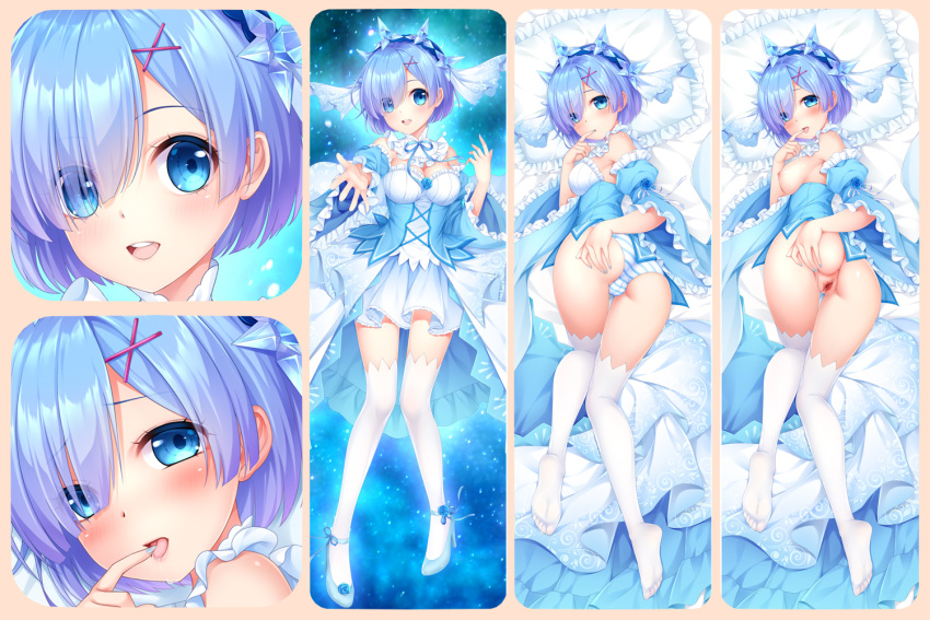 1girl :d ankle_flower ankle_ribbon ass bangs bed_sheet blue_eyes blue_flower blue_footwear blue_hair blue_hairband blue_nails blue_ribbon blue_sleeves blush breasts cleavage dakimakura_(medium) detached_collar detached_sleeves eyes_visible_through_hair finger_to_mouth flower frilled_sleeves frills hair_between_eyes hair_ornament hair_over_one_eye hairband high_heels leg_ribbon long_sleeves looking_at_viewer medium_breasts miniskirt nail_polish neck_ribbon nipples panties pillow pleated_skirt pumps pussy re:zero_kara_hajimeru_isekai_seikatsu reaching_out rem_(re:zero) ribbon shiny shiny_hair short_hair skirt smile striped striped_panties summer-d_(dodojune) thighhighs tongue tongue_out underbust underwear w white_panties white_skirt white_thighhighs wide_sleeves x_hair_ornament