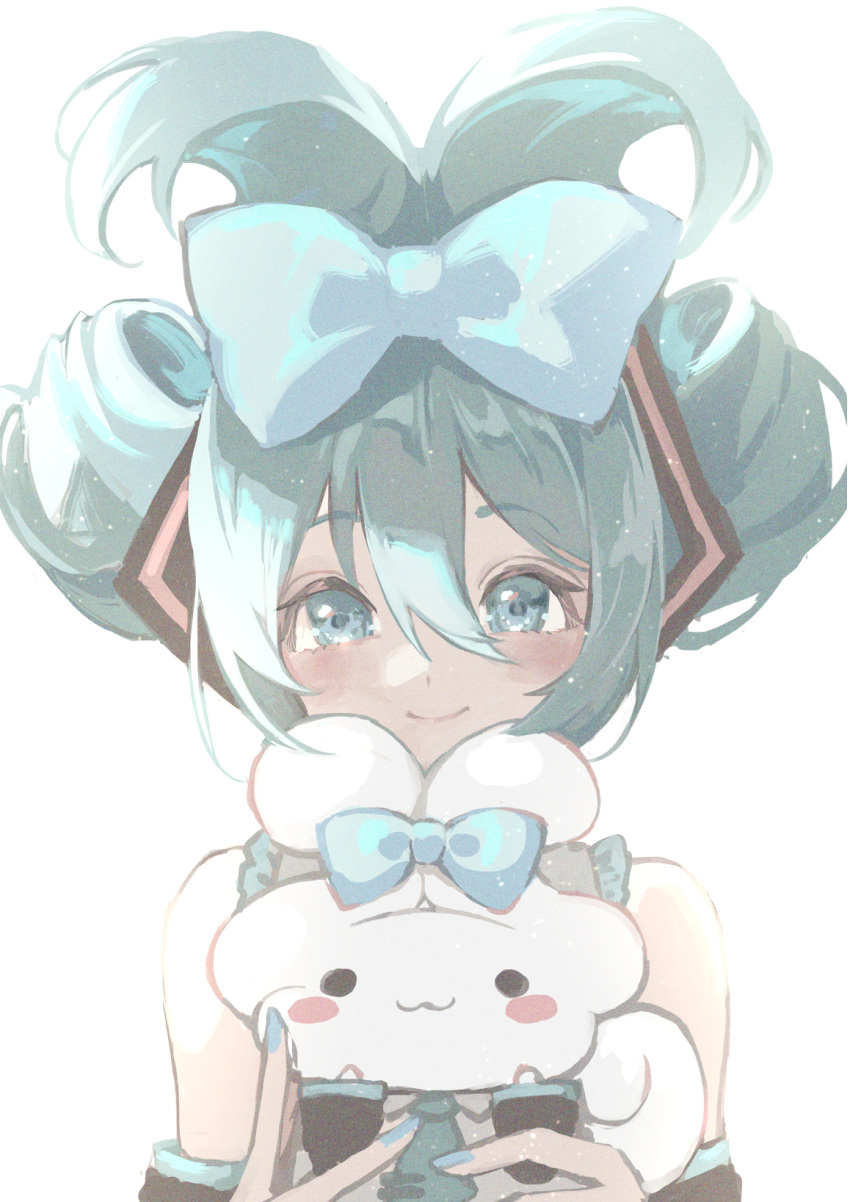 1girl :3 aqua_eyes aqua_hair aqua_necktie bangs bare_shoulders blue_bow blue_nails blush blush_stickers bow cinnamiku cinnamoroll commentary detached_sleeves folded_ponytail hair_bow hatsune_miku highres holding_bunny looking_at_viewer marutani matching_outfit necktie rabbit sanrio smile solo tied_ears twintails updo vocaloid white_background