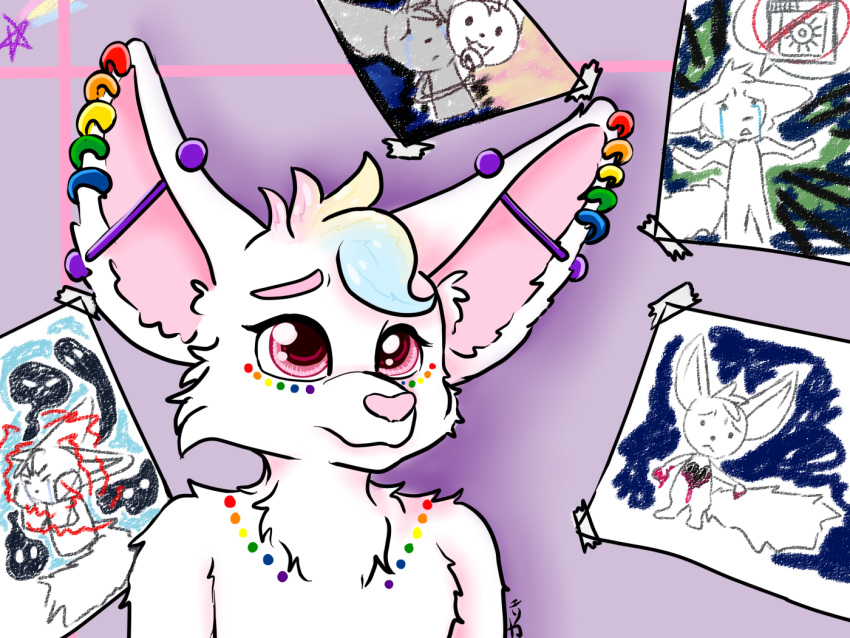 ambiguous_gender anthro autism canid canine cute_eyes drawings fennec fennec_anthro fox mammal mental_breakdown mental_regression piercing pyroashes sketch sketch_background solo