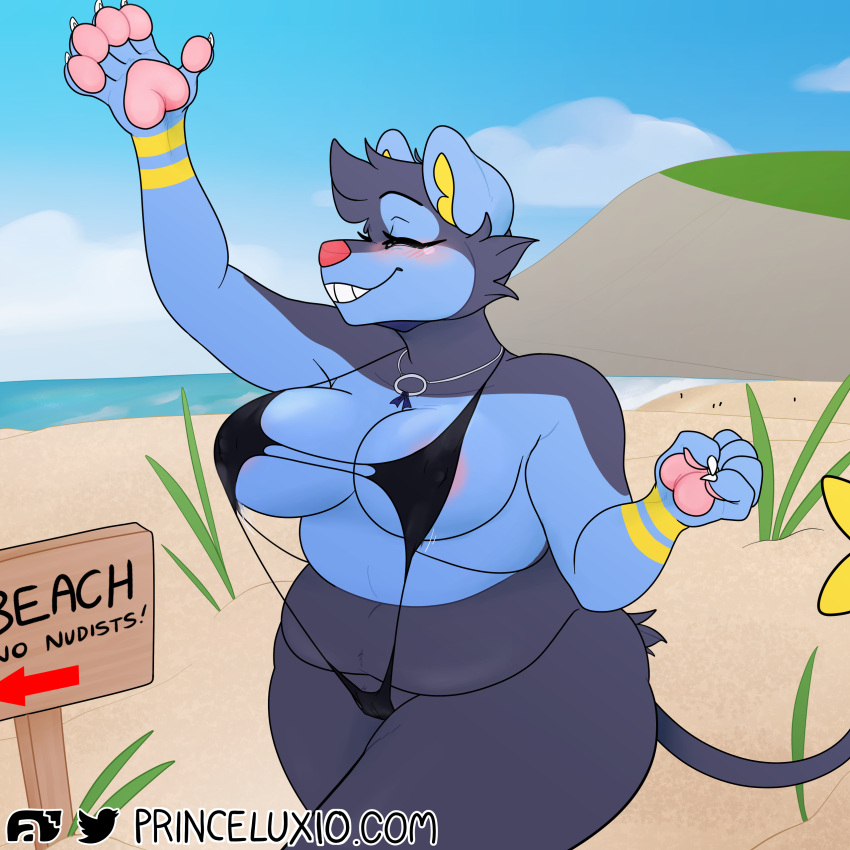 1:1 absurd_res anthro beach big_breasts bikini blush bouncing_breasts breasts clothed clothing collar curvy_female english female hi_res huge_breasts invalid_tag luxio nintendo overweight paws pok&eacute;mon pok&eacute;mon_(species) pup_(puppyluxe) puppyluxe seaside skimpy slightly_chubby smile solo string_bikini swimwear video_games